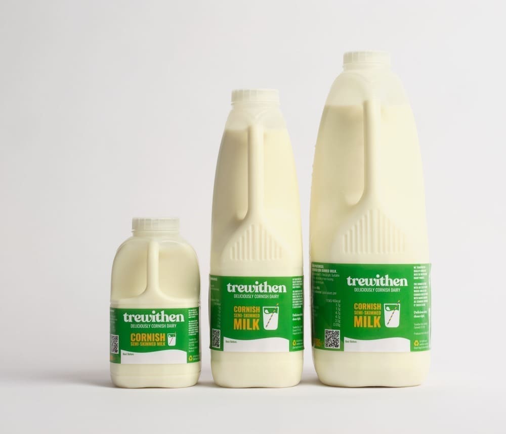 3 different sized cartons of trewithen semi skimmed milk