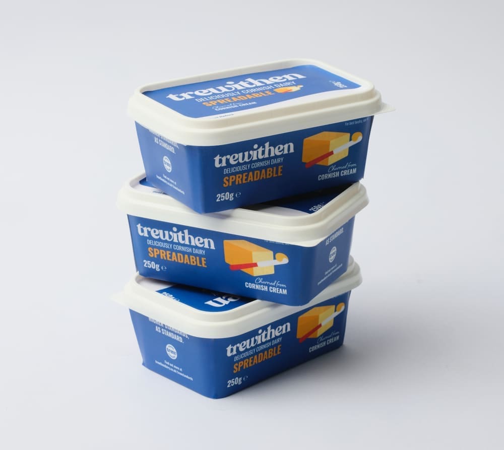 Trewithen spreadable butter stacked on top of each other