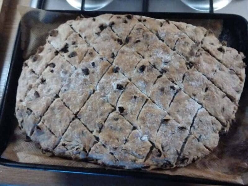 Cornish hevva cake with a crisscross pattern 